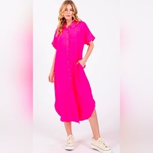 New In Vibrant Pink Button-Down Shirt Dress
